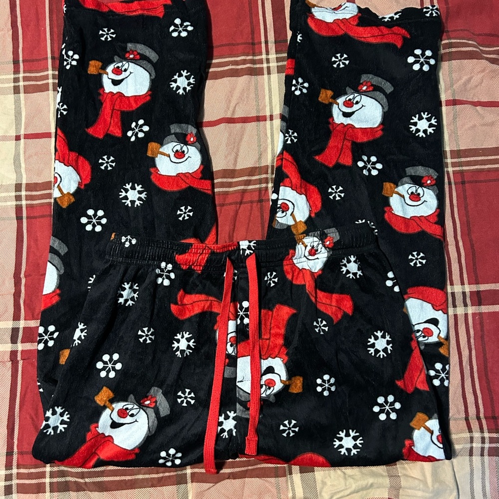Women's Festive Snowman Pajama Bottoms - Black and Red